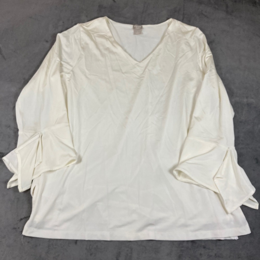 Chicos Travelers White V-Neck Bell Sleeve Top Size 2 US 12/14